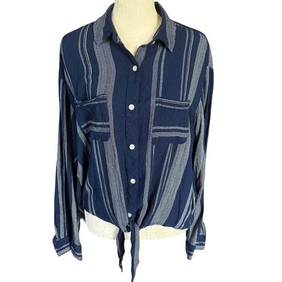 So blue and white striped collared long sleeve button down tie front shirt XL - Picture 1 of 9